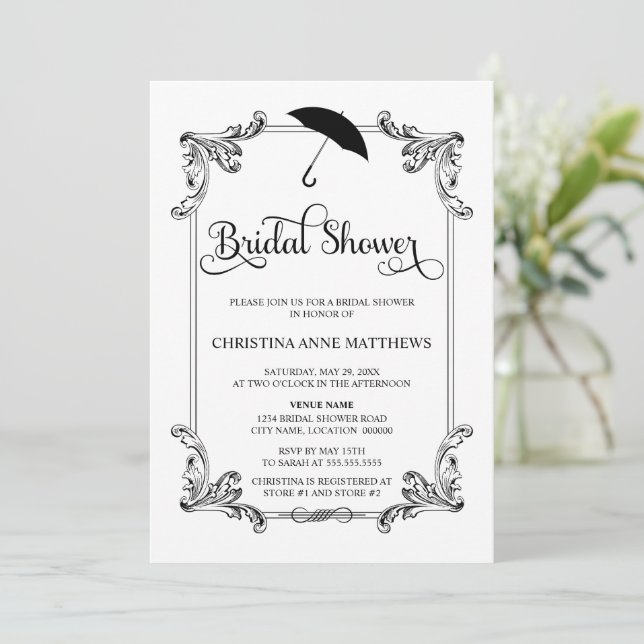 Invitación Vintage Ornament Umbrella Script Bridal Shower (Anverso de pie)