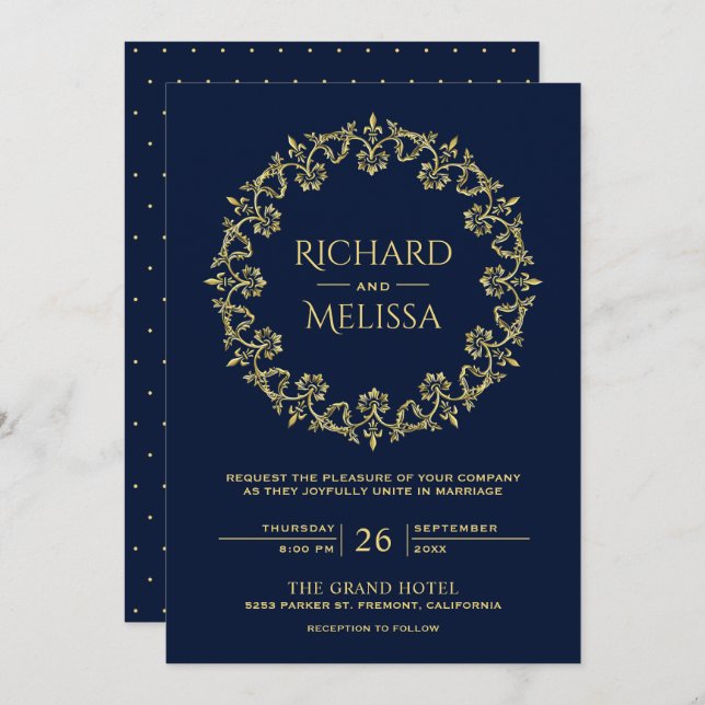 Invitación Vintage Ornate Flourid Gold Floral Blue Boda (Anverso / Reverso)
