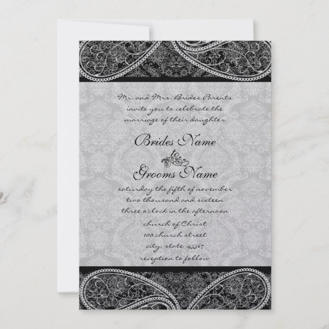 Invitación Vintage Paisley Black Damask Weddings (Anverso)