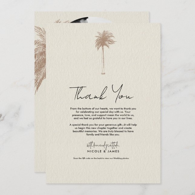 Invitación Vintage Palm Tree Beach Wedding Gracias (Anverso / Reverso)