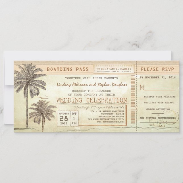 Invitación Vintage Palms Seaside Embarque Boda Ticket (Anverso)