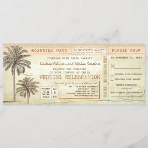 Invitación Vintage Palms Seaside Embarque Boda Ticket