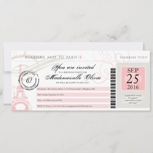 Invitación Vintage Paris Francia Birday Party Boarding Pass (Anverso)