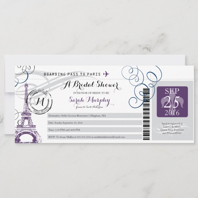 Invitación Vintage Paris Francia Bridal Shower Boarding Pass (Anverso)