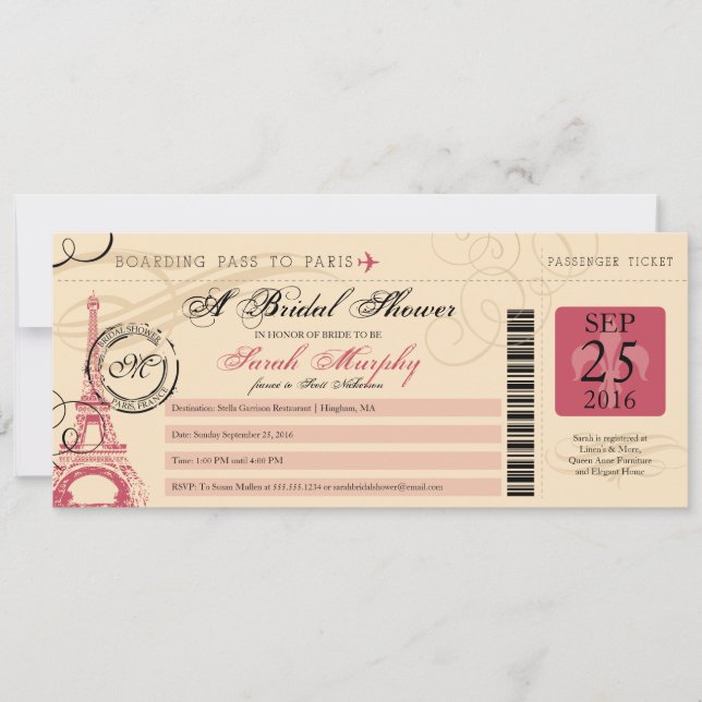 Invitación Vintage Paris Francia Bridal Shower Boarding Pass (Anverso)