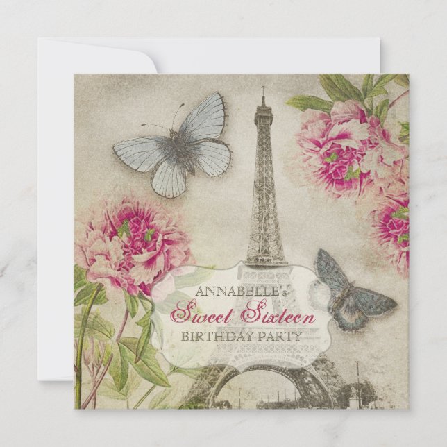 Invitación Vintage Paris Peonies Dulce fiesta de cumpleaños (Anverso)