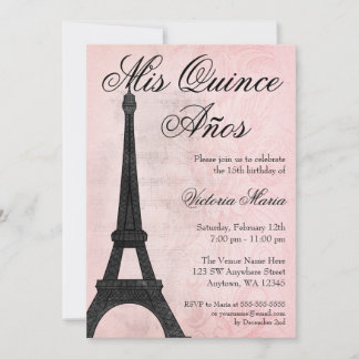 Invitación Vintage París Rosa Negro Dulce 15 Quinceañera