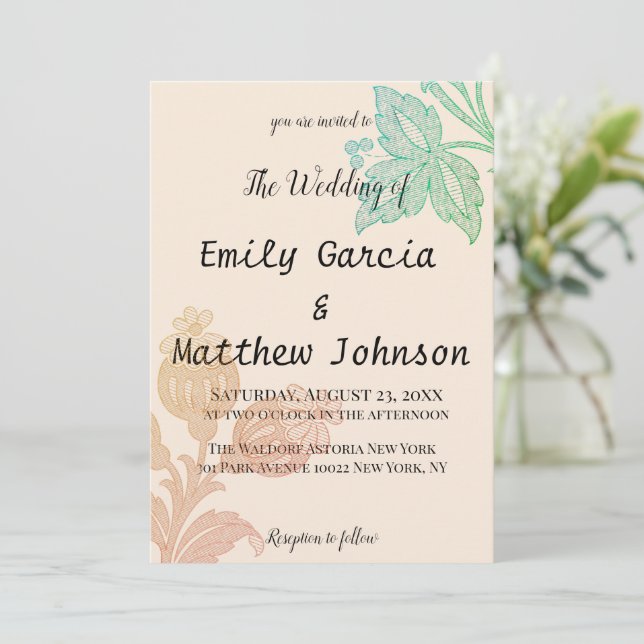 Invitación Vintage Pastel Floral Peach Green Boda (Anverso de pie)