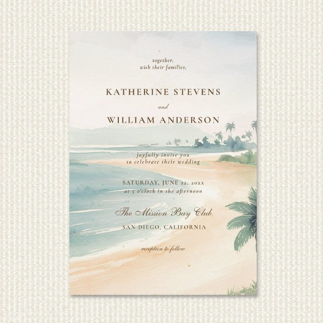 Invitación Vintage Patina Ocean Shoreline Elegant Wedding (vintage coastal wedding invitation warm sunset orange teal mid century modern retro beach nautical)