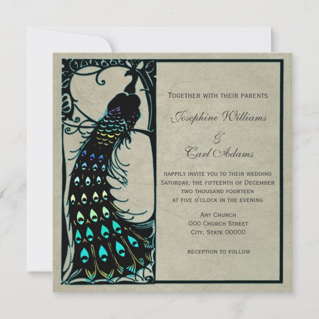Invitación Vintage Peacock Art Nouveau Wedding (Anverso)