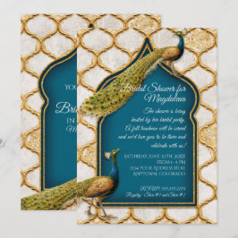 Invitación Vintage Peacock Blue Arabesque Gold Bridal