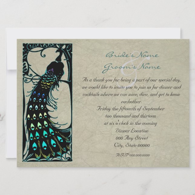 Invitación Vintage Peacock Elegante Ensayo De Boda Cena (Anverso)