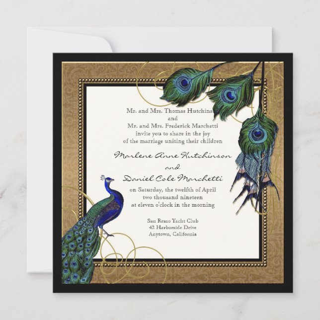 Invitación Vintage Peacock Feather Black Gold Elegant Wedding (Anverso)