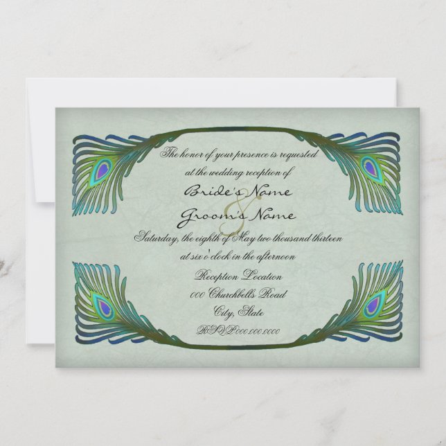 Invitación Vintage Peacock Feathers Nouveau Wedding Recepción (Anverso)