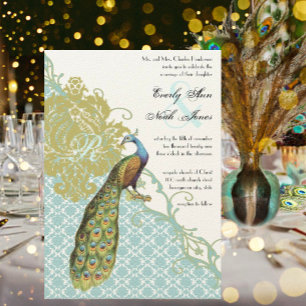 Invitación Vintage Peacock Lagoon Endive Damask Wedding