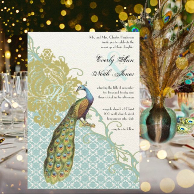 Invitación Vintage Peacock Lagoon Endive Damask Wedding (Subido por el creador)