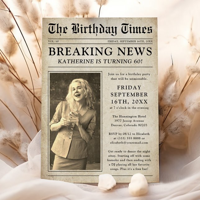 Invitación Vintage Periódico Photo Birthday Party (Subido por el creador)