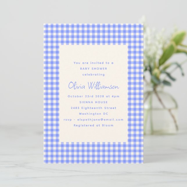 Invitación Vintage Perwinkle Gingham Plaid Cute Baby Shower (Anverso de pie)
