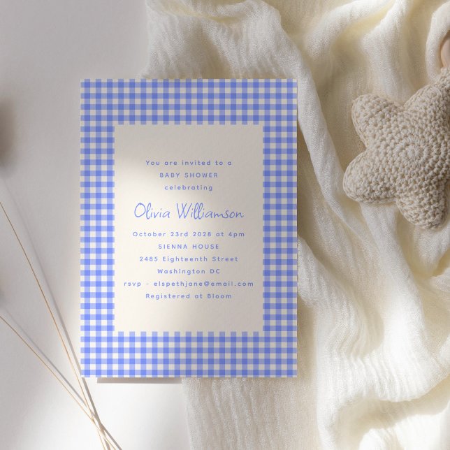 Invitación Vintage Perwinkle Gingham Plaid Cute Baby Shower (Subido por el creador)