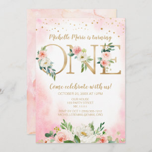 Invitación Vintage Pink and Gold Floral Primer cumpleaños