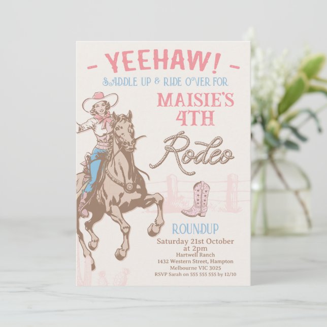 Invitación Vintage Pink Any Age Cowgirl Rodeo Cumpleaños (Anverso de pie)