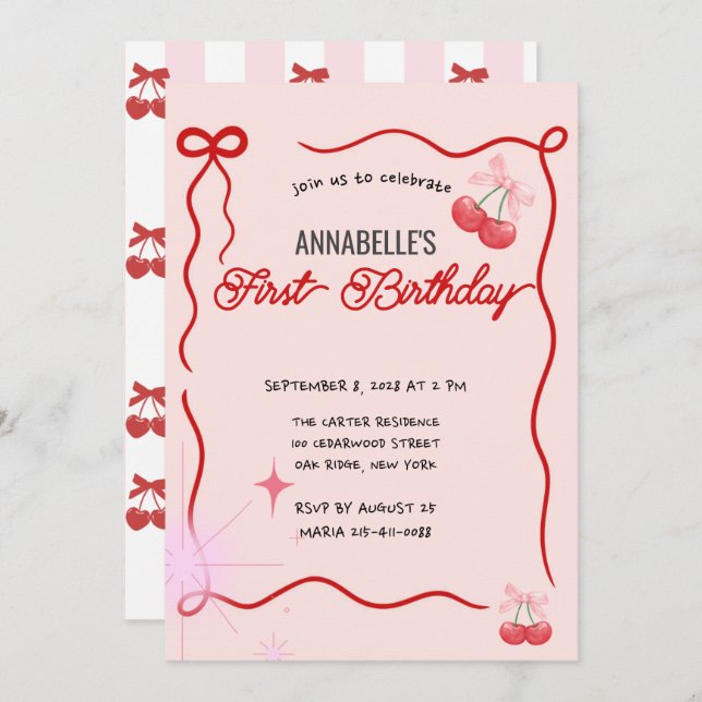 Invitación Vintage Pink Bow Floral Elegante Cumpleaños (Anverso / Reverso)