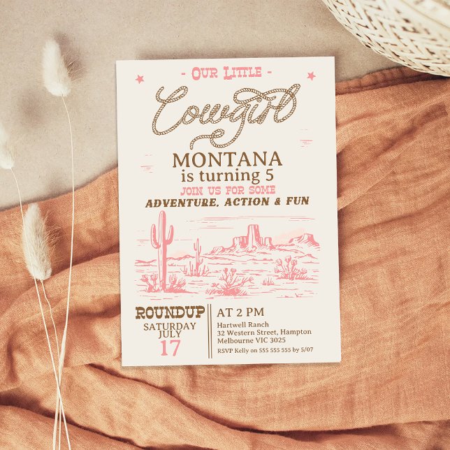 Invitación Vintage Pink Brown Western Desert Cowgirl Cumpleañ (Cowgirl Birthday Invitation, Vintage Cowgirl Birthday Invite, Any Age, Western, Wild West)