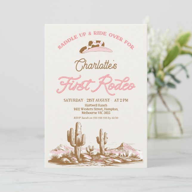 Invitación Vintage Pink Cowgirl First Rodeo Primer Cumpleaños (Anverso de pie)