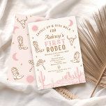 Invitación Vintage Pink Cowgirl First Rodeo Primer Cumpleaños<br><div class="desc">Invitación de primer cumpleaños a la Vintage Pink Cowgirl First Rodeo Invitación de primer rodeo dulce de chica marrón y rosa con un paisaje desierto rosa, botas de vaquera y gorra, cráneo, luna y sol. Esta silla occidental y la invitación de primer cumpleaños para un chica es ideal para un...</div>