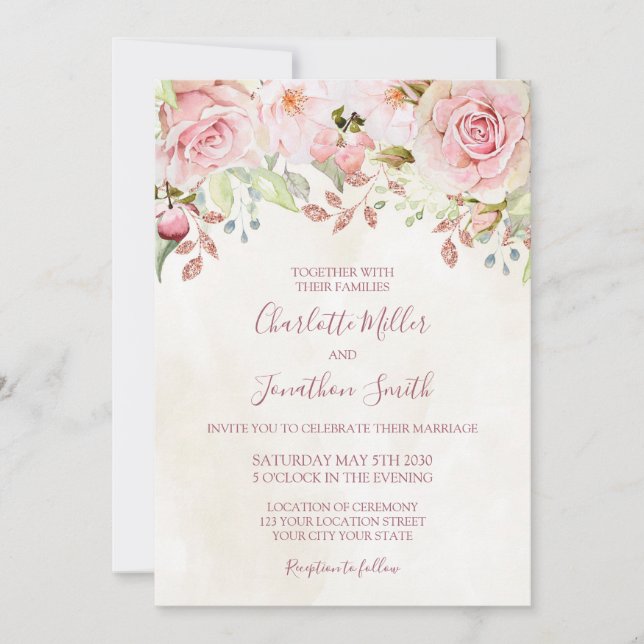 Invitación Vintage Pink Floral Spring Wedding Invitations (Anverso)