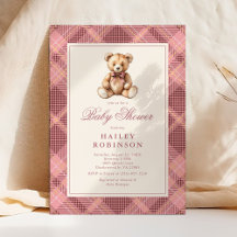 Vintage Pink Plaid Teddy Bear Baby Shower