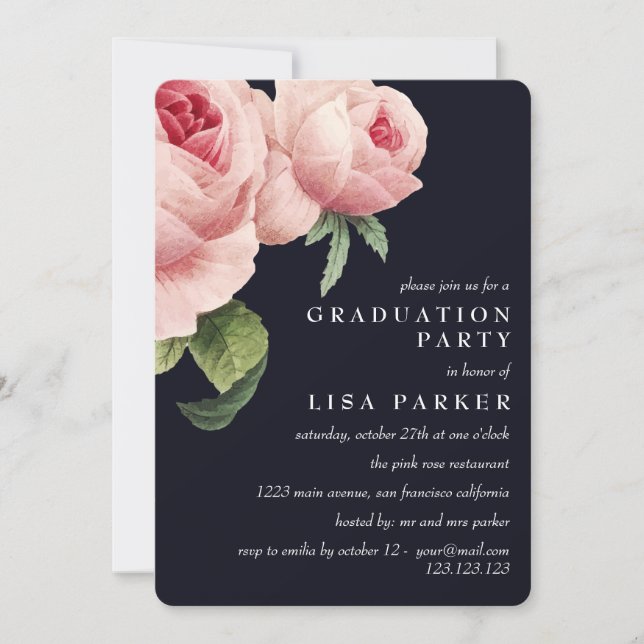 Invitación Vintage Pink Rose Blue Graduation Party (Anverso)