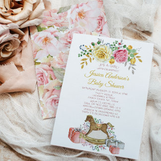 Invitación Vintage Pink Rose Floral Rocke Horse Baby Shower