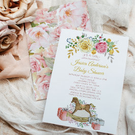 Invitación Vintage Pink Rose Floral Rocke Horse Baby Shower