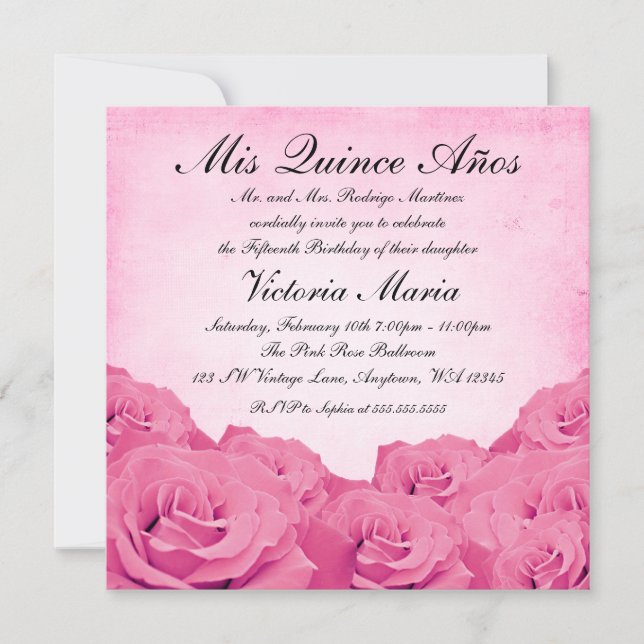 Invitación Vintage Pink Rose Quinceanera (Anverso)