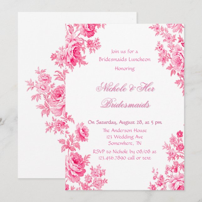 Invitación Vintage Pink Toile Flower Bridesmaids Luncheon (Anverso / Reverso)