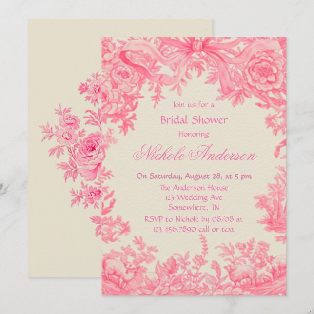 Invitación Vintage Pink Toile Flower Briower (Anverso / Reverso)