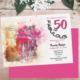 Invitación Vintage Pink Watercolor Girly Bicicleta Cumpleaños