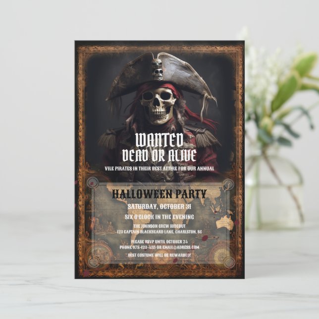 Invitación Vintage Pirate Skull Black Halloween Party (Anverso de pie)