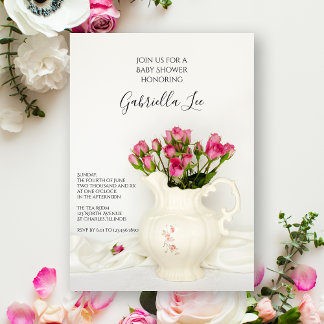 Invitación Vintage Pitcher and Pink Roses Baby Shower