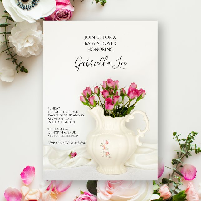 Invitación Vintage Pitcher and Pink Roses Baby Shower (Subido por el creador)