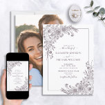 Invitación Vintage Plum Purple Floral Line Art Photo Wedding<br><div class="desc">Introducing our Vintage Plum Purple Floral Line Art Photo Wedding Invitation, the perfect blend of modern and classic! This stunning design features vintage line art floral corner arrangements in timeless plum purple – perfect for any bride who wants a classic look with a modern twist! The hand lettered script typography...</div>