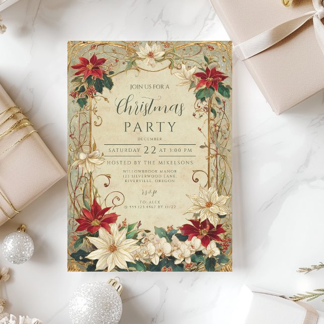 Invitación Vintage Poinsettia y Holly Navidades (Subido por el creador)