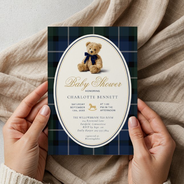 Invitación Vintage Polo Teddy Bear Plaid Baby Shower (Timeless Baby Shower Invitation)
