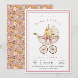Invitación Vintage Pram Baby Shower | Blush & Golden Florals