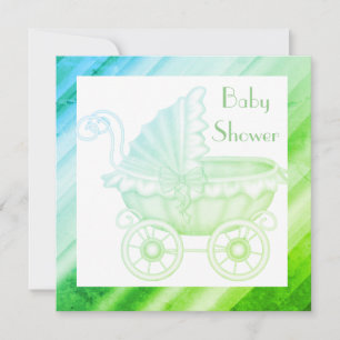 Invitación VINTAGE PRAM BABY SHOWER INVITATION azul verde