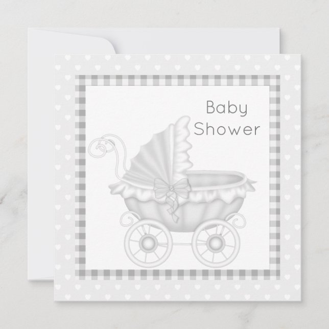 INVITACIÓN VINTAGE PRAM BABY SHOWER INVITATION GRAY/WHITE (Anverso)