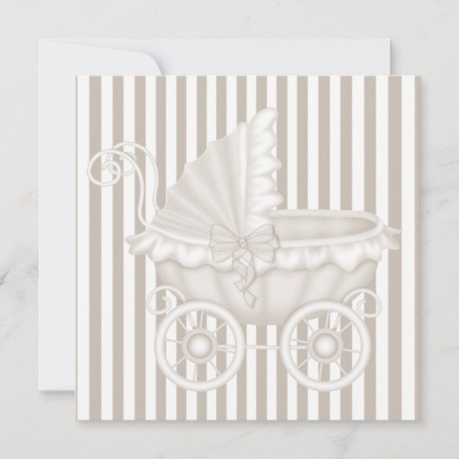 INVITACIÓN VINTAGE PRAM BABY SHOWER INVITATION SEPIA STRIPTS (Anverso)
