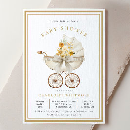 Invitación Vintage Pram Baby Shower | Ivory & Golden Florals