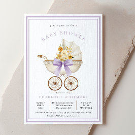 Invitación Vintage Pram Baby Shower Lavender & Golden Floral